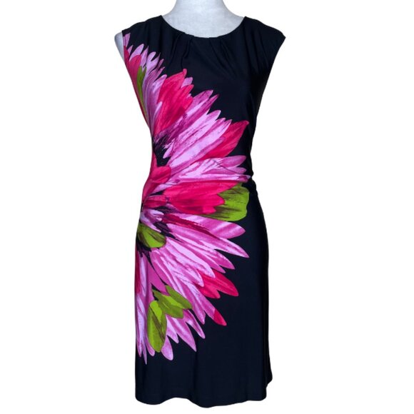 London Times Black Floral Boat Neck Cap Sleeve Cut-Out Shift Midi Dress Sz 10 - Picture 1 of 8